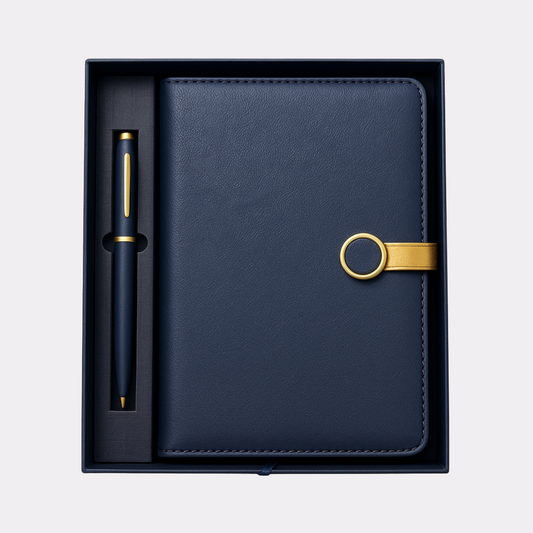 Custom Engraved Blue Leather Diary & Pen Gift Set – Luxury Journal with Gold Clasp for Corporate, Office & Personal Gifting Canada