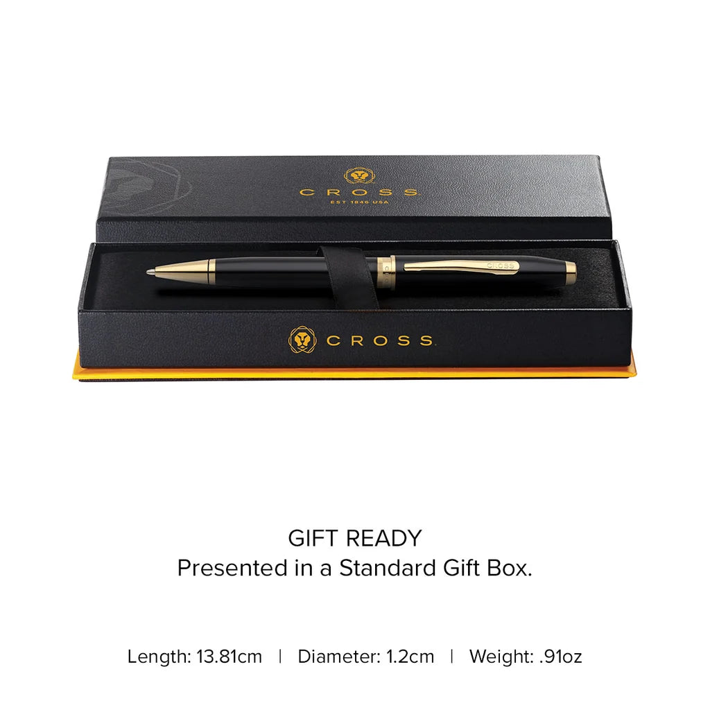 Cross Foundry Glossy Black Lacquer Ballpoint Pen with PVD Gold Appointments – Personalized Engraved Gift Engravables