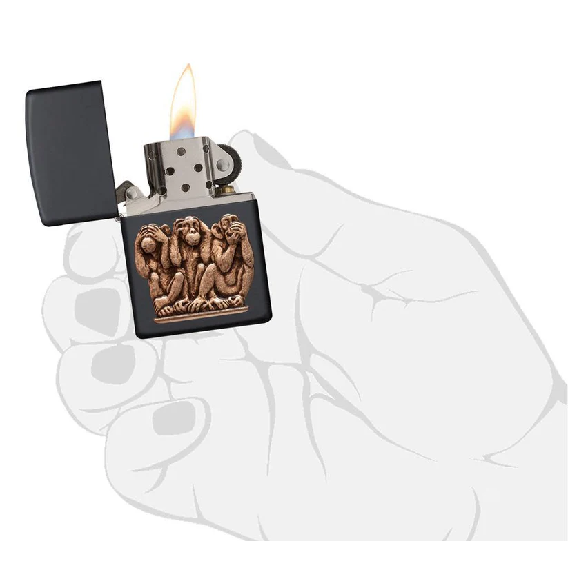 Three Monkeys Zippo Lighter – Matte Black with Solid Brass Design | Custom Engraved Collectible Canada