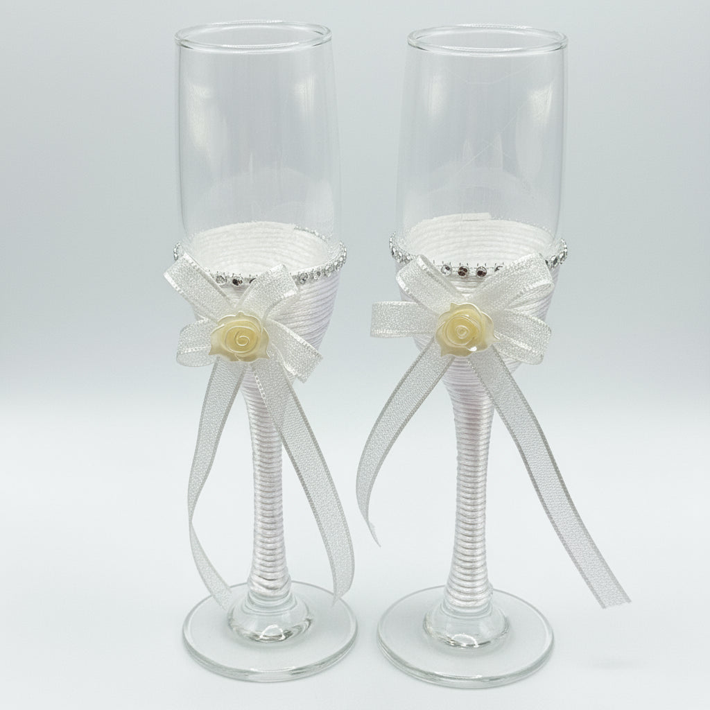Wedding Champagne Flutes and Cake Knife Server Set – Silver Blade & Crystal Handle | Personalized Engraved Wedding Gift Set for Couples | Elegant Anniversary or Christmas Gift