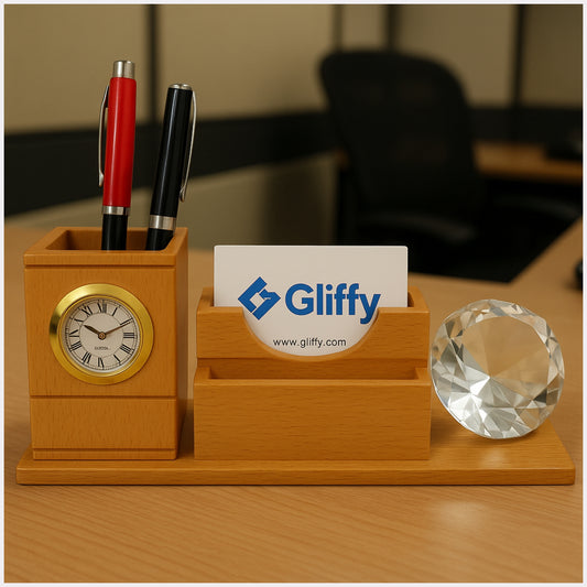 Engraved Wooden Desk Organizer with Clock & Crystal Diamond – Personalized Office Gift Set