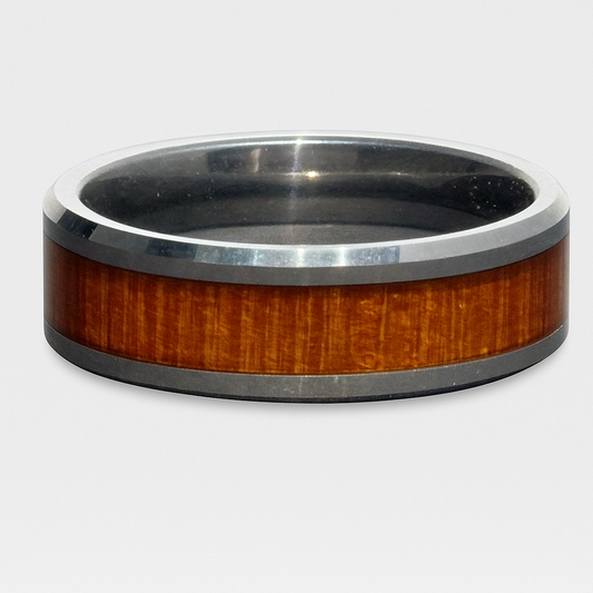 Tungsten Wood Inlay Ring – Polished Silver Edge