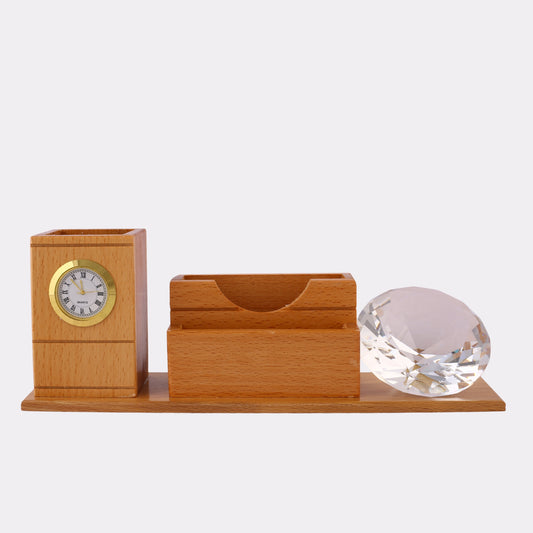 Engraved Wooden Desk Organizer with Clock & Crystal Diamond – Personalized Office Gift Set