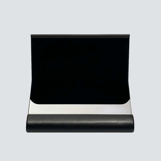 Black Leatherette Business Card Holder with Stainless Steel Accent