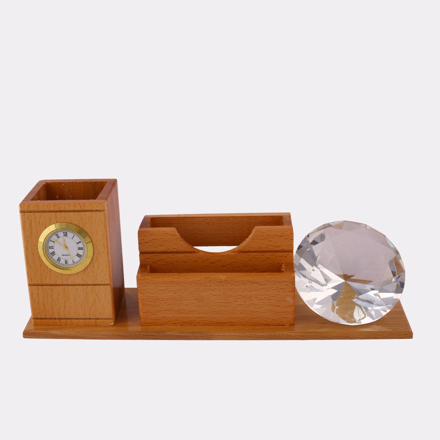 Engraved Wooden Desk Organizer with Clock & Crystal Diamond – Personalized Office Gift Set