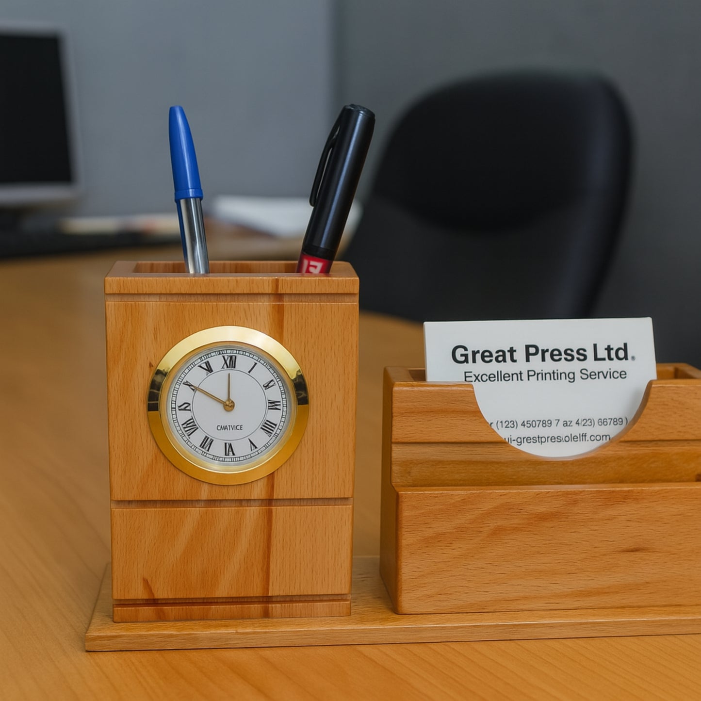 Personalized Wooden Desk Organizer with Clock – Engraved Pen & Card Holder for Professionals