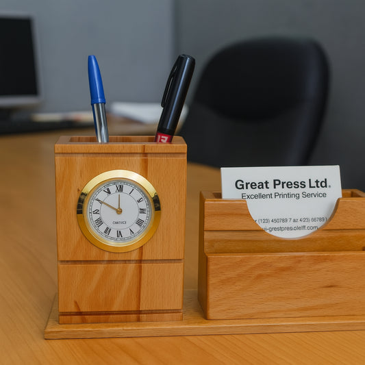 Personalized Wooden Desk Organizer with Clock – Engraved Pen & Card Holder for Professionals