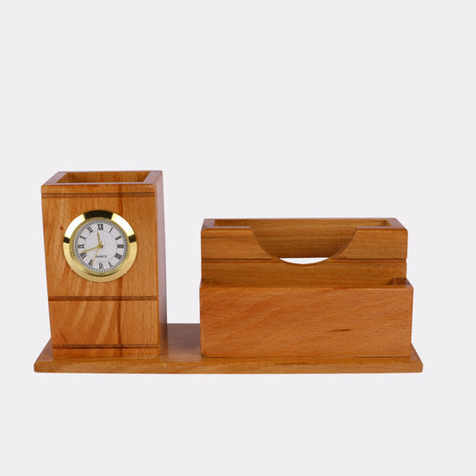 Personalized Wooden Desk Organizer with Clock – Engraved Pen & Card Holder for Professionals