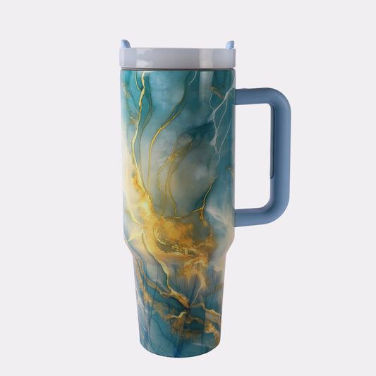 Personalized Marble Travel Tumbler – 40 oz Custom Engraved Insulated Cup with Handle & Lid (Blue & Gold Design)