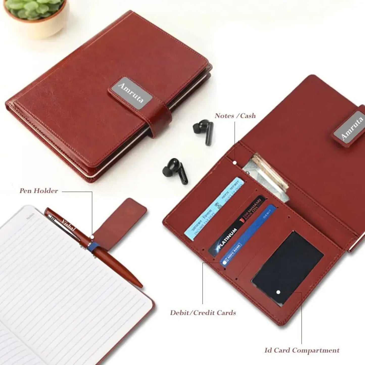 Brown Leather Personalized Diary & Pen Set – Custom Name Engraved Gift