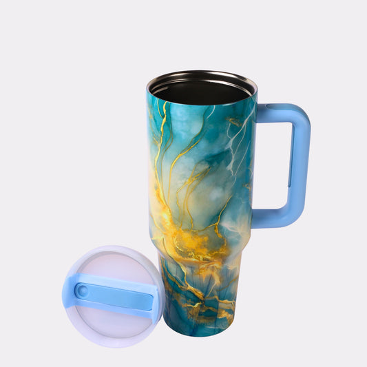 Personalized Marble Travel Tumbler – 40 oz Custom Engraved Insulated Cup with Handle & Lid (Blue & Gold Design)