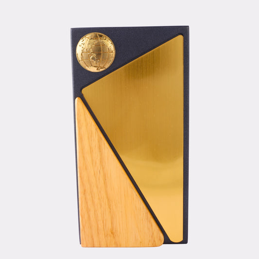 Engraved Award Global Excellence  – Custom Engraved Trophy with Gold Plate & Wooden Accent for Corporate Recognition
