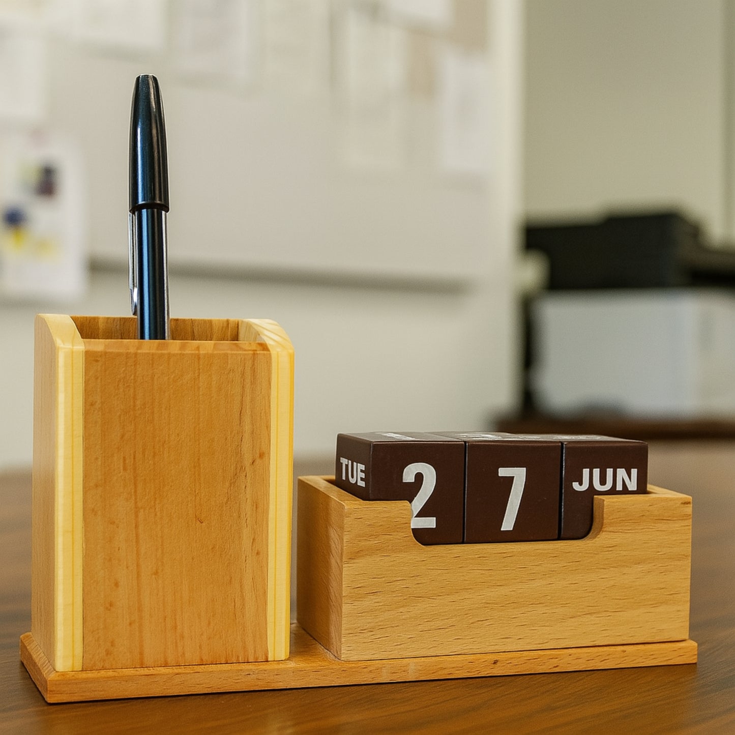 Custom Wooden Desk Organizer with Perpetual Block Calendar – Engraved Pen Holder Gift