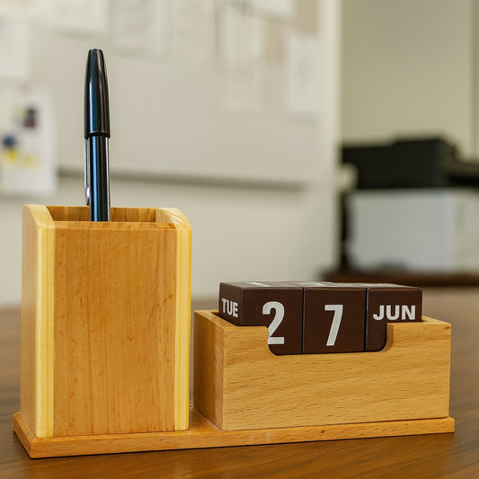 Custom Wooden Desk Organizer with Perpetual Block Calendar – Engraved Pen Holder Gift