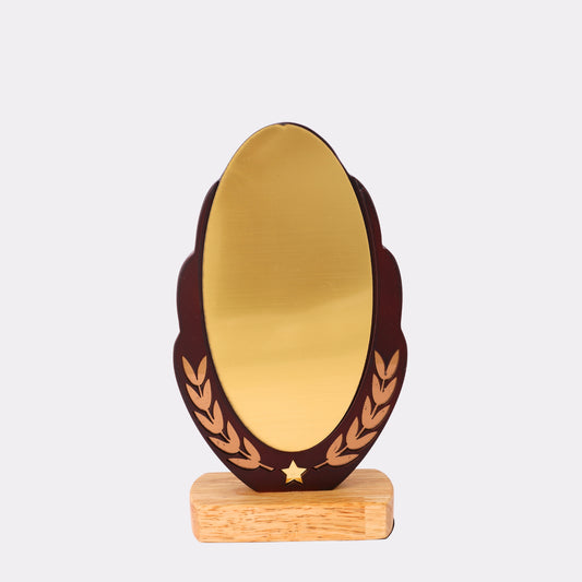 Custom Engraved Trophy Oval Laurel  – Personalized Engraved Award with Gold Plate & Wooden Base