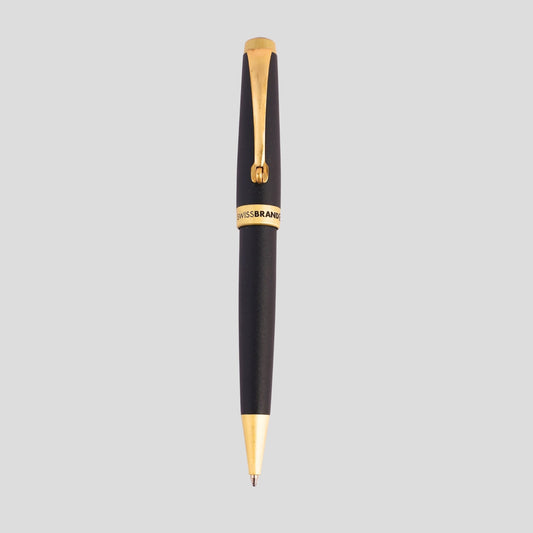 Swissbrand Luxury Ballpoint Pen – Matte Black & Gold – Refillable Metal Pen with Gift Box – Custom Engraving Available