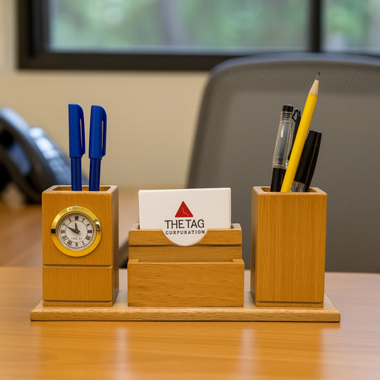 Engraved Wooden Desk Organizer with Clock – Triple Slot Pen & Card Holder Gift Set