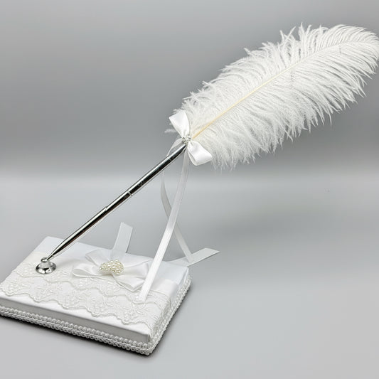 Wedding Guest Book & Feather Pen Set – Elegant White Satin with Lace & Pearl Heart | Personalized Wedding Gifts Canada | Bridal Shower & Engagement Gift Idea