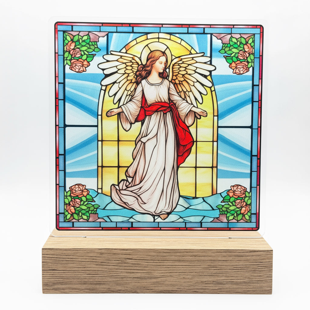 Christmas Gifts Canada – Light-Up Angel Glass Panel with Wooden Base | Personalized Memorial Gift | Custom Engraved Religious Decoration | Spiritual Christmas Gift 2025