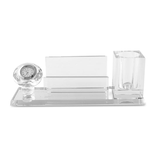 Crystal Desk Organizer with Clock, Pen Holder & Business Card Stand – Personalized Engraving Available