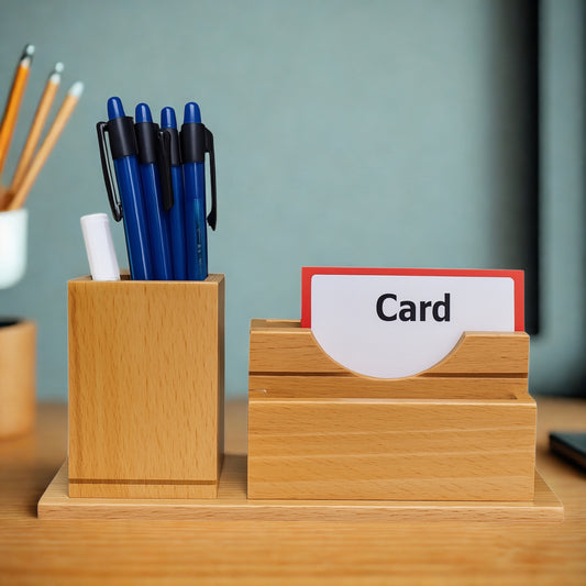 Personalized Wooden Desk Organizer with Pen & Card Holder – Custom Engraved Office Gift