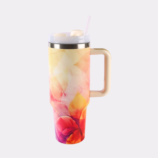 Custom Floral Travel Tumbler with Straw – 40 oz Insulated Mug with Handle for Personalized Gifting