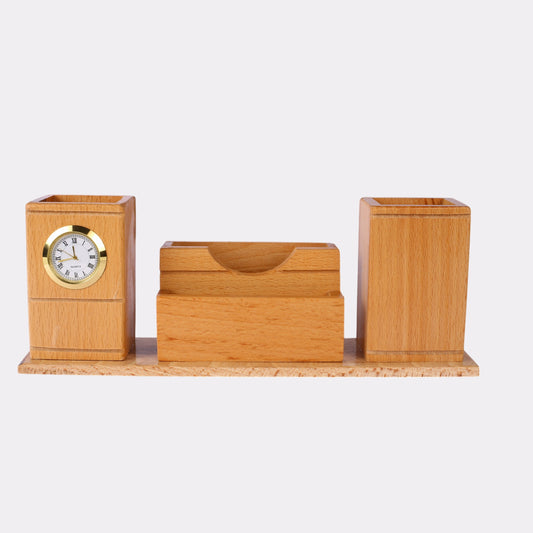Engraved Wooden Desk Organizer with Clock – Triple Slot Pen & Card Holder Gift Set