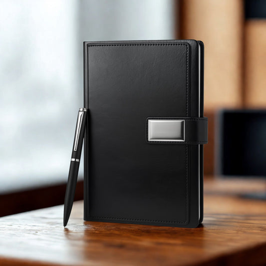Black Engravable Notebook & Pen Set – Custom Corporate Gift with Metal Plate