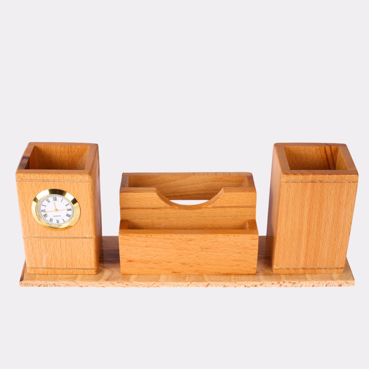 Engraved Wooden Desk Organizer with Clock – Triple Slot Pen & Card Holder Gift Set