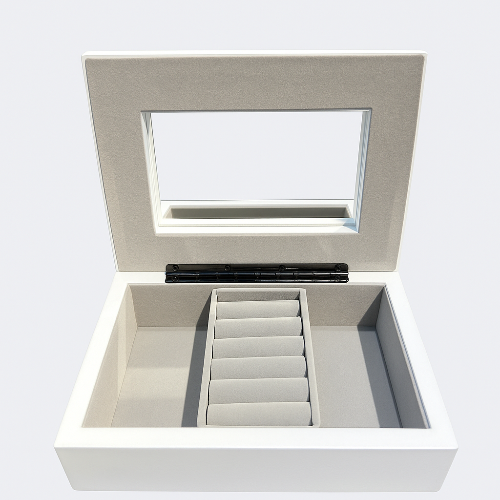 Personalized Jewelry Butterfly Mirror-Lid Jewelry Box – White with Velvet Interior