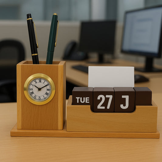 Custom Wooden Desk Organizer with Clock & Perpetual Calendar – Engraved Office Gift