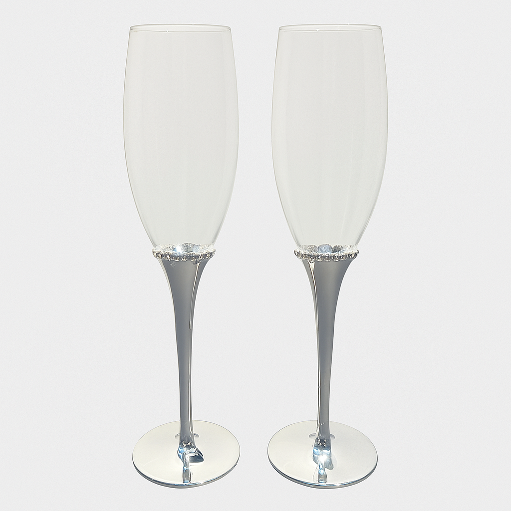 Engraved Crystal Champagne Flutes – Set of 2 | Silver Stem Wedding Toasting Glasses
