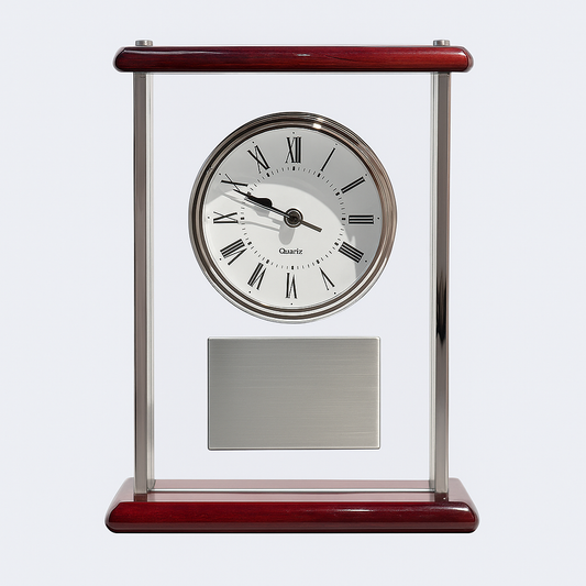 Personalized Desk Clock with Rosewood Glass Base – Custom Engraved Corporate & Retirement Gift