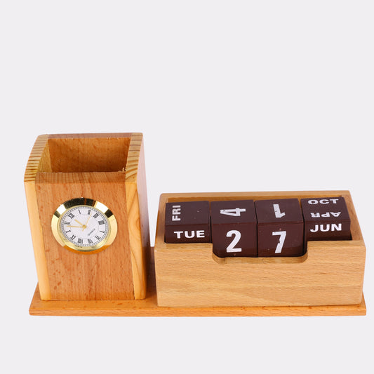 Custom Wooden Desk Organizer with Clock & Perpetual Calendar – Engraved Office Gift