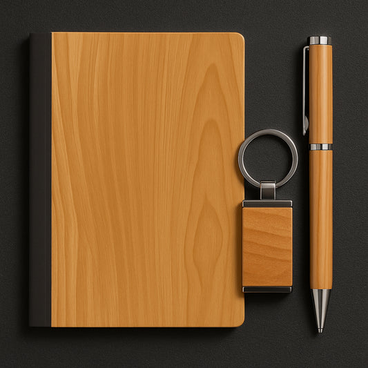 Wooden Diary & Pen Gift Set with Keychain – Custom Engraved