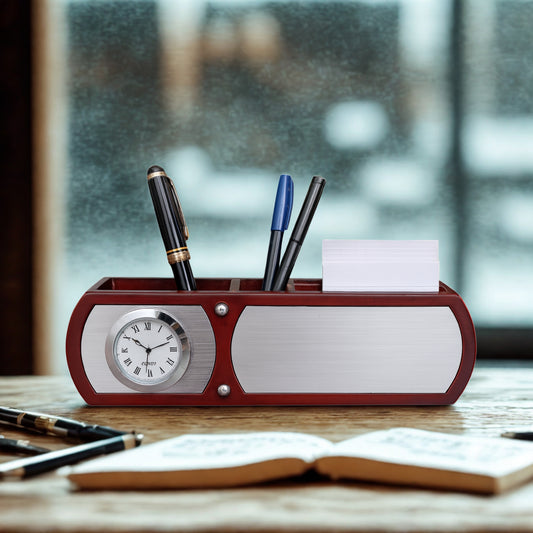 Personalized Wooden Desk Organizer with Clock – Rosewood Finish & Silver Plate for Engraving