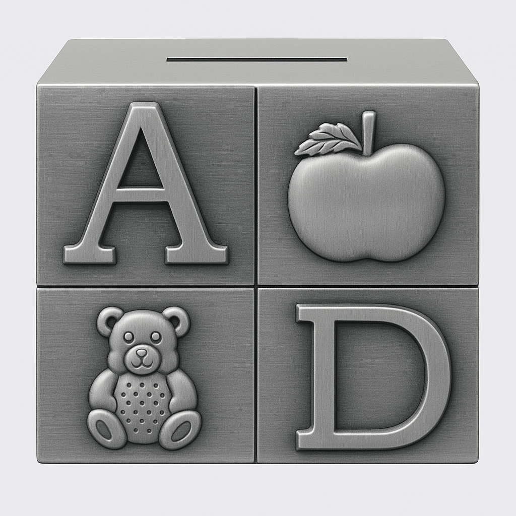 Personalized Silver Baby Block Money Bank – Alphabet & Animal Design – Custom Engraved Keepsake Gift