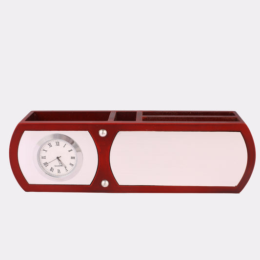 Personalized Wooden Desk Organizer with Clock – Rosewood Finish & Silver Plate for Engraving