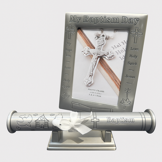 Engraved Baptism Certificate Holder with Frame – Silver Finish