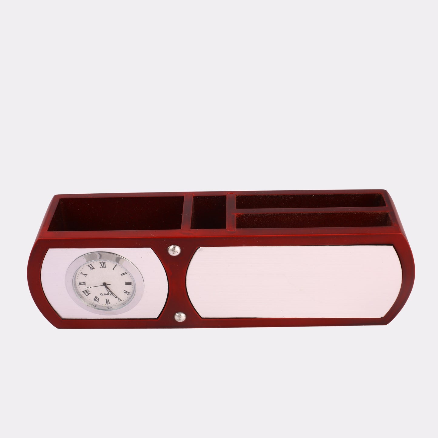Personalized Wooden Desk Organizer with Clock – Rosewood Finish & Silver Plate for Engraving