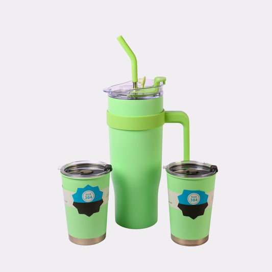Personalized 40 oz Stainless Steel Travel Tumbler Set with Lid & Straw – Insulated Green Cup with Handle – Custom Engraving Gift for Gym, Office, Travel