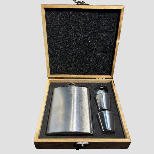 Personalized Classic Stainless Steel Flask Gift Set in Wooden Box – Custom Engraved Drinkware & Gift for Him