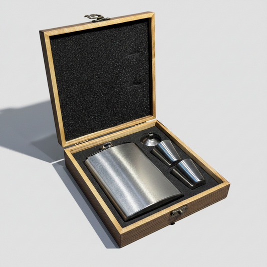 Personalized Stainless Steel Flask Gift Set – Engraved Wooden Box for Him