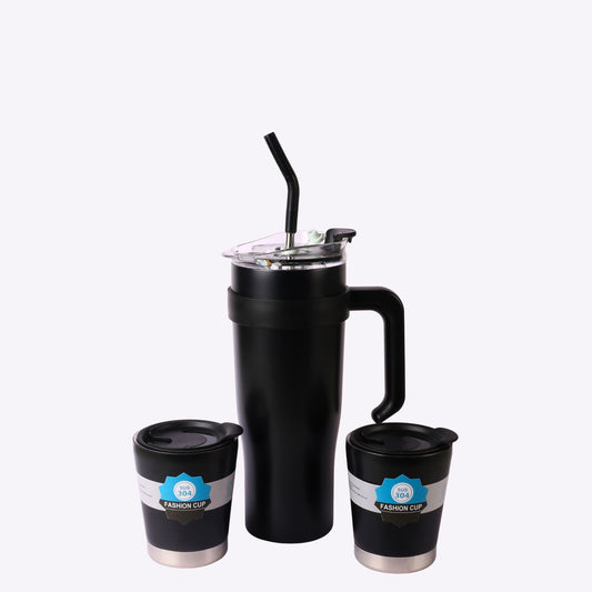 3-Piece Black Stainless Steel Tumbler Set – 30 oz Engraved Mug with Handle + Two 12 oz Cups
