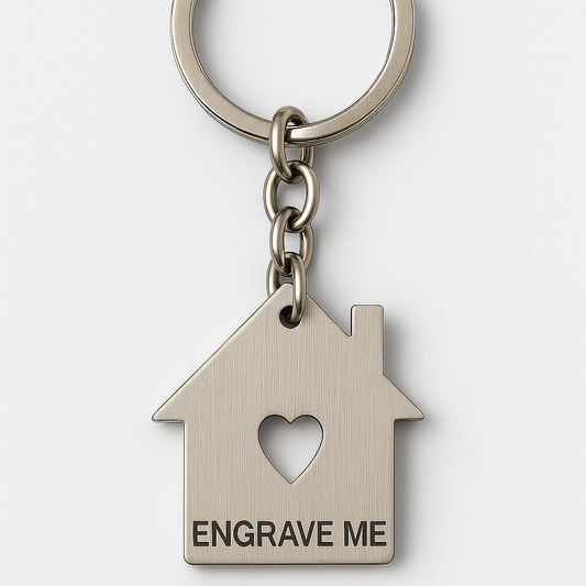 Engraved Keychain Heart Cutout House Keychain – Custom Engravable Brushed Metal