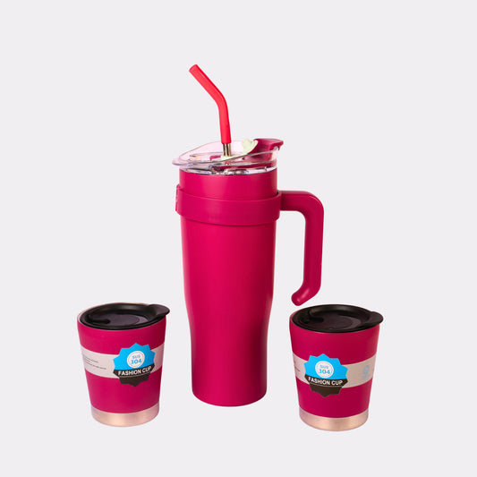 Best Custom Engraved Red Tumbler Gift Set in Canada – 3-Piece Insulated Stainless Steel Coffee Mugs with Straw & Handle