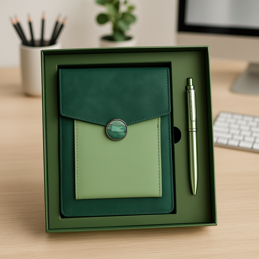 Premium Green Leather Diary & Pen Gift Set – Personalized Corporate Gift for Him or Her