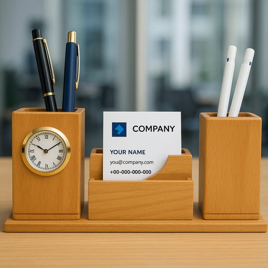 Custom Wooden Desk Organizer with Clock – Personalized Pen & Card Holder for Office Gifts