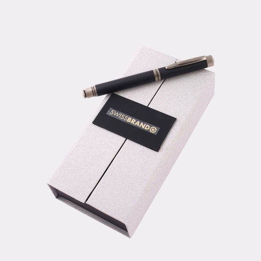 SwissBrand Black & Gold Fountain Pen – Luxury Metal Engraved Pen with Gift Box