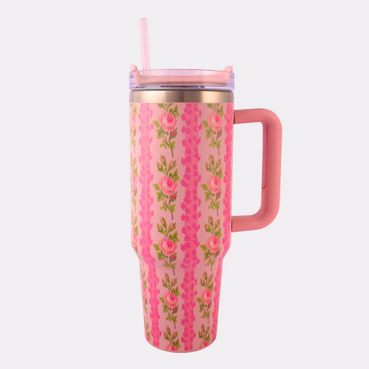 Custom Engraved Floral Tumbler – 40 oz Pink Rose Stainless Steel Mug with Handle & Straw